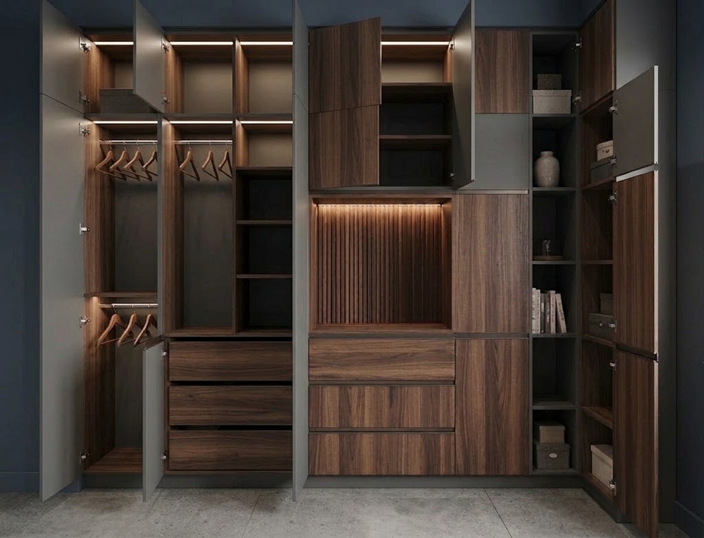 Modul Woods closet interior — LED lighting, drawers and shelving