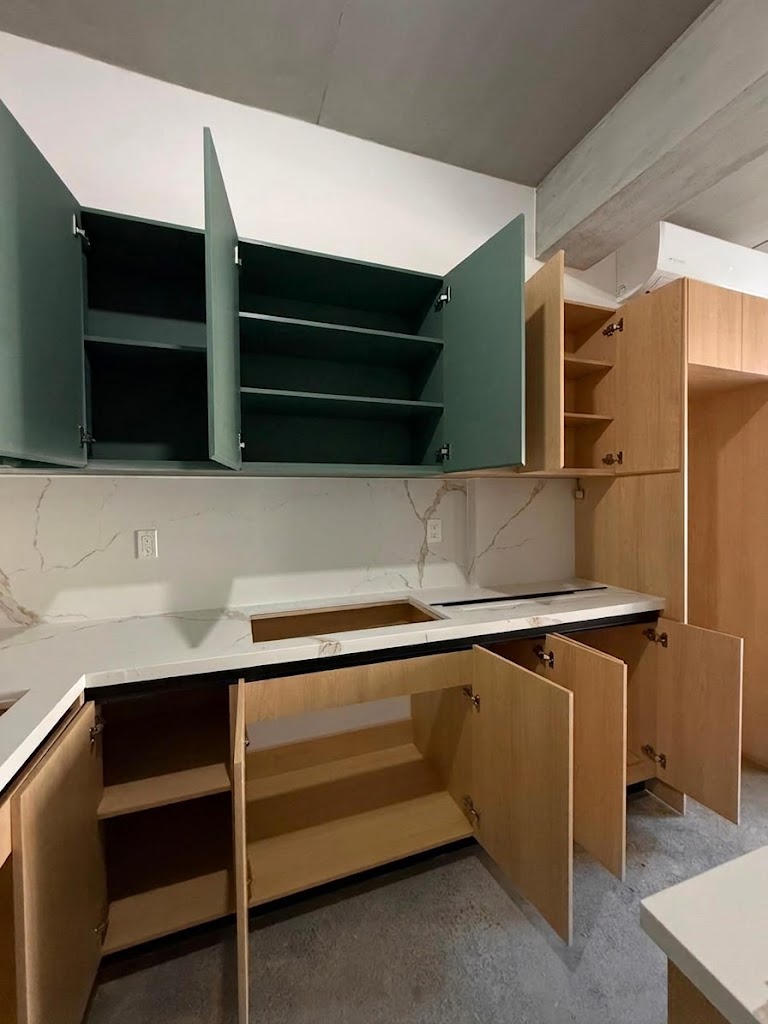 Modul Woods kitchen — cabinet construction detail, open doors